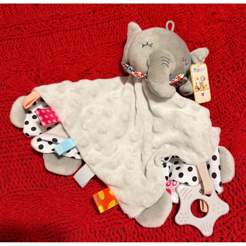 BBSKY Gray Elephant Baby Security Blanket Minky Tag Lovey with Star Teether NEW